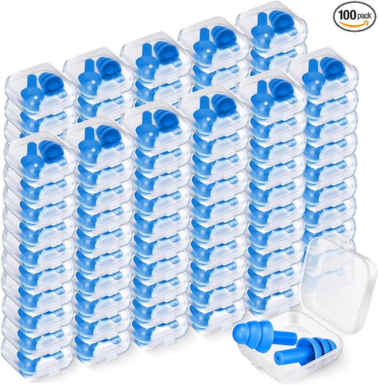 TrelaCo 100 Pairs Ear Plugs Bulk, NRR 29dB Reusable Silicone Ear Plugs with Plastic Cases Soft Foam for Sleeping Noise Cancelling for Concerts Shooting Swimming Noise Reduction(Blue)