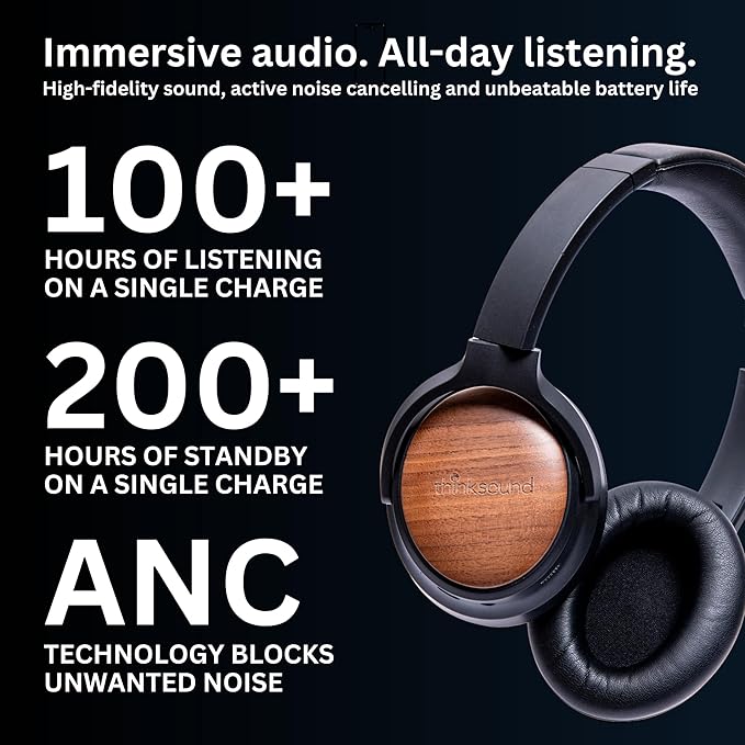 ov202w Over Ear Noise Cancelling Headphones, 100+ Hours of Listening ANC Hybrid Active Noise Canceling Battery Best HiFi Headset for Studio Monitor, Beats, Musicians, Gym, Guitar, Bass