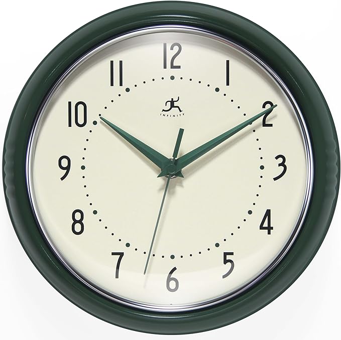 Infinity Instruments LTD. Retro 9 inch Silent Sweep Non-Ticking Mid Century Modern Kitchen Diner Wall Clock Quartz Movement Retro Wall Clock Decorative (Hunter Green)