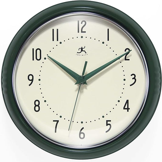 Infinity Instruments LTD. Retro 9 inch Silent Sweep Non-Ticking Mid Century Modern Kitchen Diner Wall Clock Quartz Movement Retro Wall Clock Decorative (Hunter Green)