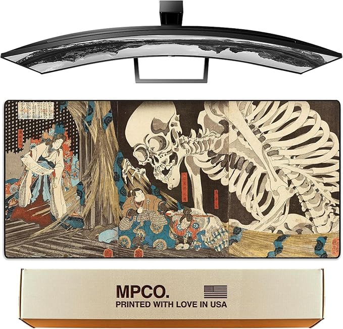 MPCO. Ukiyo-E Large Gaming Desk Pad - 36" x 17" Aeroglyde Fabric Skeleton Desk Mats - Washable, Smooth Glide for Precision Gaming & Work