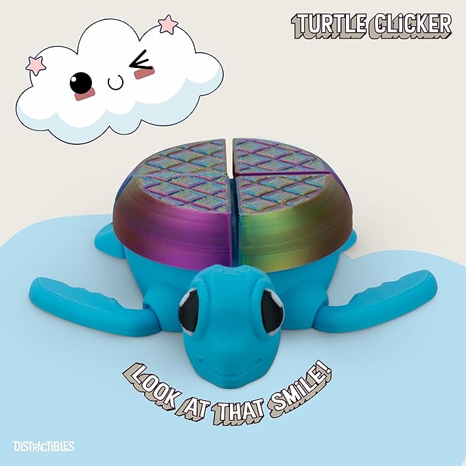 Distractible Turtle Fidget Toy, Articulating Design with Shell Clickers, Pocket-Sized & Durable, Sensory, Stress Relief, ADHD, Autism & Stim (Blue-NEON)