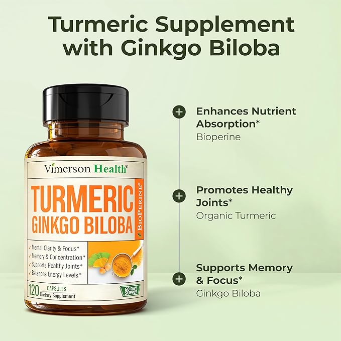 Ginkgo Biloba and Turmeric Curcumin Supplement with Black Pepper & Organic Tumeric – Natural Turmeric Supplement for Focus, Memory, Joint & Brain Health – 120 Vegan Ginko Biloba Capsules with Curcuma