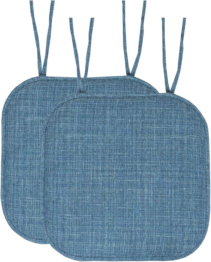 Sweet Home Collection Chair Cushion Memory Foam Pads with Ties Honeycomb Pattern Slip Non Skid Rubber Back Rounded Square 16" x 16" Seat Cover, 2 Pack, Aria Blue 6 pack