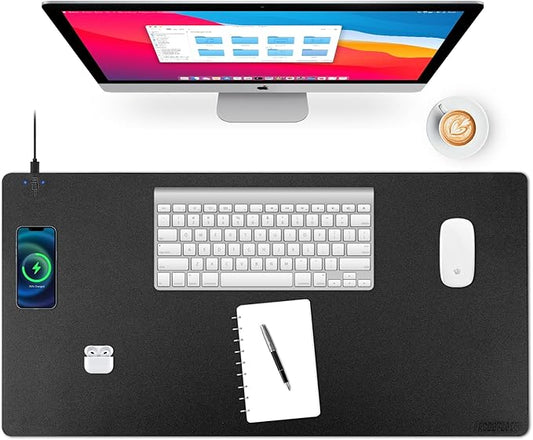 Wireless Charging Desk Mat with Desk Pad for Desktop Charging Large Mouse Pad Waterproof Leather Computer Mat Mouse Pad Non-Slip Protector on Top of Desks for Keyboard and Mouse (black-l, 36*17inch)
