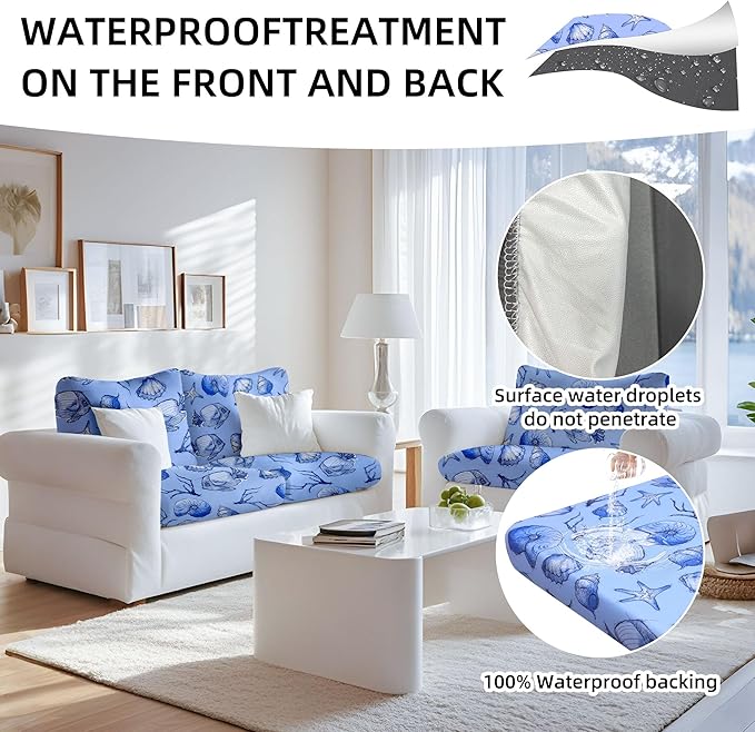 8Pcs Stretch Patio Cushion Covers Waterproof Outdoor Cushion Covers Patio Couch Cover Slipcovers, for Outdoor Furniture Protector Covers Replacement(Cover Only) (Ocean)