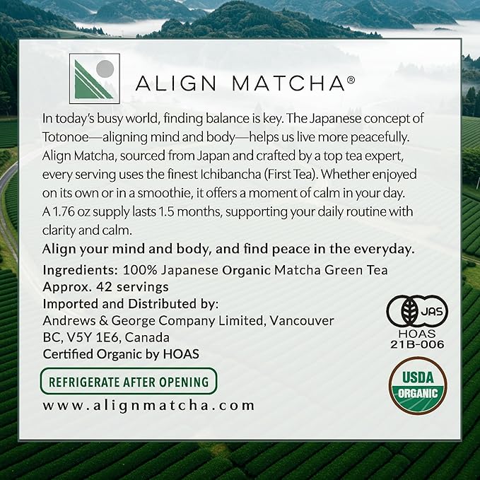 Align Matcha - Ceremonial Matcha Organic 50g, 42 Servings - Japanese Matcha Powder for Enhanced Focus and Energy - Smooth, Rich Flavor with Vibrant Green Color - Ideal for Daily Use and Smoothies