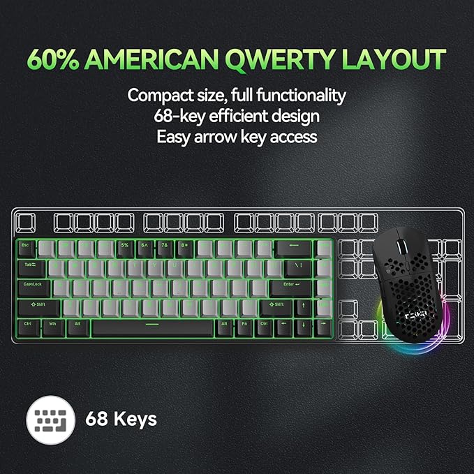 TMKB T68 60% Wireless Mechanical Gaming Keyboard, Tri-Mode BT5.0/2.4GHz/USB-C with Red Linear Switch, RGB Backlight, Anti-Ghosting, Compact 68 Keys, Wired/Wireless, Black/Gray