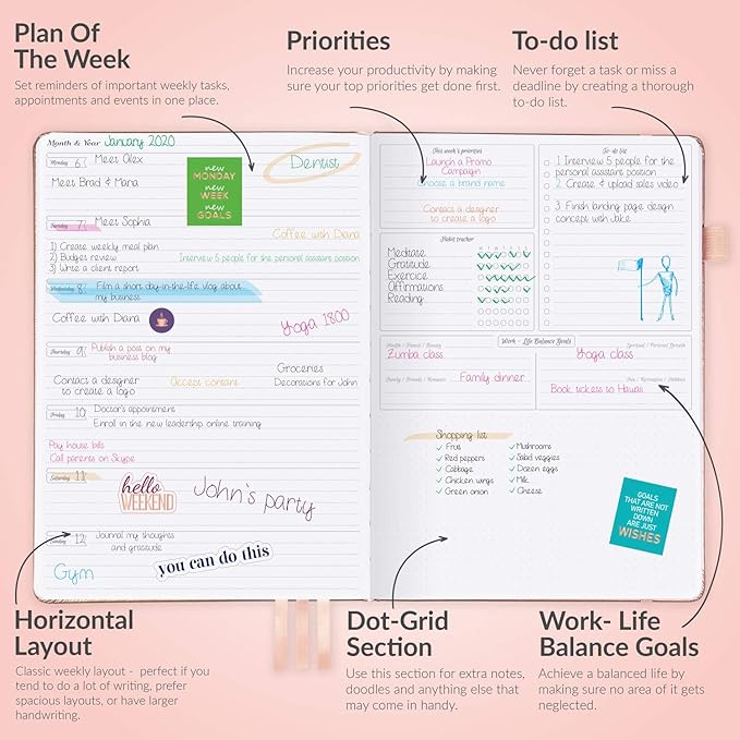 GoGirl Planner PRO - Undated Horizontal Layout Weekly Planner and Organizer + Budgeting and Expense Tracking Pages, Goals Journal & Agenda, 7" x 10" Hardcover, Lasts 1 Year - Rose Gold