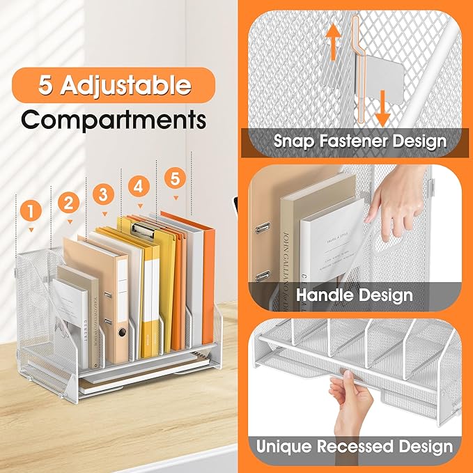 Desk File Folder Holder Organizer-5 Vertical Compartments Racks and Paper Letter Tray,Mesh Magazine File Holder Sorter,Desktop Accessories & Workspace Organizers for Home,Office,School-White