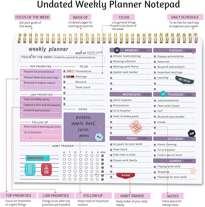 Weekly To Do List Notepad, 8.5''x11'' Weekly Desk Planner with 52 Tear Off Sheets Undated Weekly Planner Habit Tracker & Productivity Organizer for Home School and Work, Purple