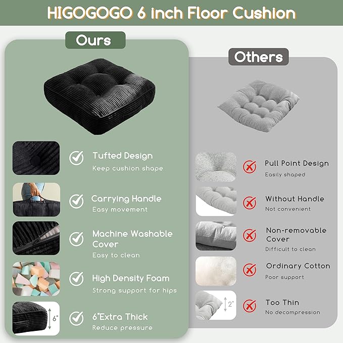 6" Washable Floor Pillow Cushion for Adults, Meditation Cushion Pillow, Large Square Floor Sitting, Removable Tufted Corduroy Cover, for Tatami Living Room or Yoga, 22x22 Inch, Machine Washable