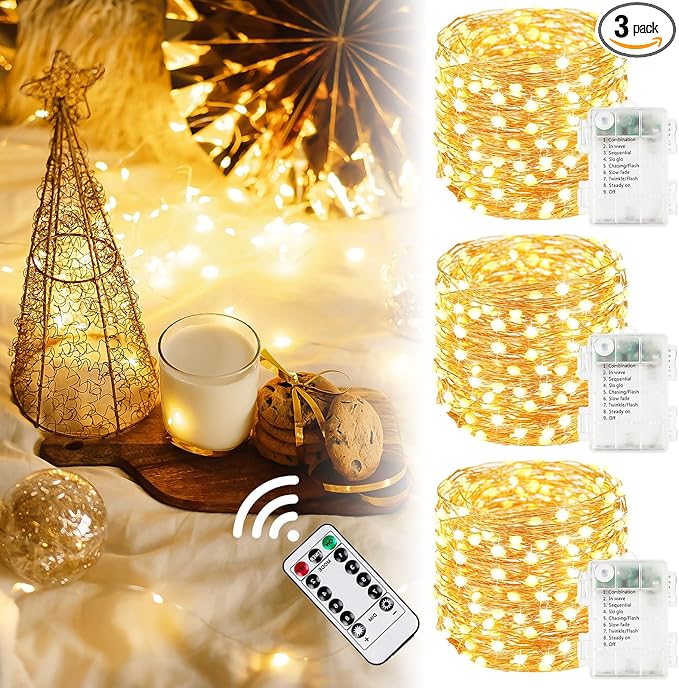3Pack 99Ft 300LED Fairy Lights Battery Operated with Remote, Waterproof String Lights with Timer for Indoor & Outdoor, Twinkle Lights Battery Powered for Bedroom Wedding Christmas Decor (Warm White)