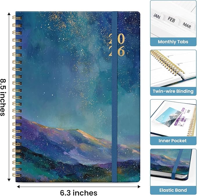 2026 Planner, Monthly and Weekly Calendar Planner for Women, January 2026 - December 2026, Hardcover Pretty 2026 Agenda Planner Book with Tabs, Spiral Bound, Perfect for School Office Home Supplies, 6.3" x 8.5" - Starlit Peaks