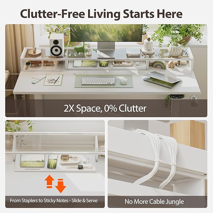 Agilestic Glass Standing Desk with Storage, 48 Inch Electric Adjustable Desk with Glass Shelf and Cable Management, Sit Stand Up Home Office Computer Table, Splice Board, White