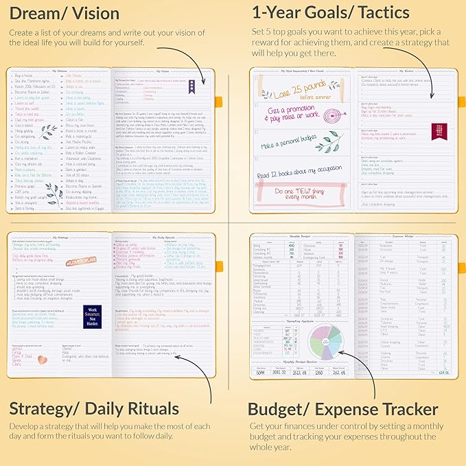 GoGirl Planner PRO - Undated Horizontal Layout Weekly Planner and Organizer + Budgeting and Expense Tracking Pages, Goals Journal & Agenda, 7" x 10" Hardcover, Lasts 1 Year - Amber Yellow