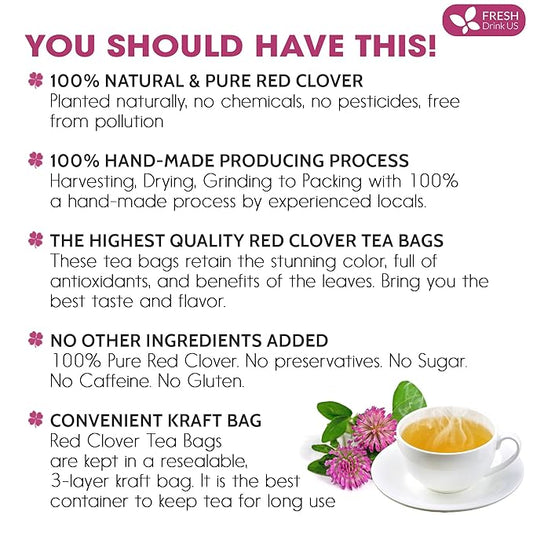 FreshDrinkUS, Premium Red Clover Herbal Tea– 55 Tea Bags – Pure – Naturally Smooth & Mild Flavor – Premium Quality, Eco-Conscious Packaging. Caffeine-Free. Gluten Free. Vegan