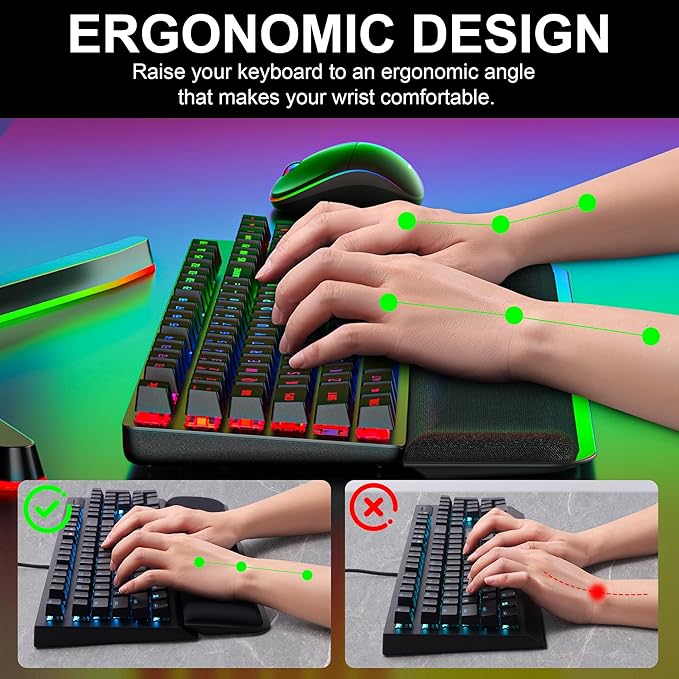 Computer Keyboard Wrist Rest Pad, Ergonomic Soft Memory Foam Wrist Support w/Anti-Slip Rubber Base, Black (Ice Silk Cloth, 15.35 in*3.54 in*1.1 in)