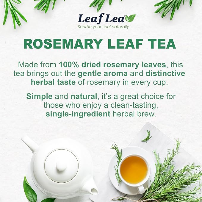 LeafLea 80 Rosemary Leaf Tea Bags, 100% Pure Rosemary Herbal Tea, Gentle Digestive Comfort & Relaxing, Te De Romero Featuring Subtle, Natural Flavor, Caffeine-Free, Sugar-Free, Non-GMO, Vegan