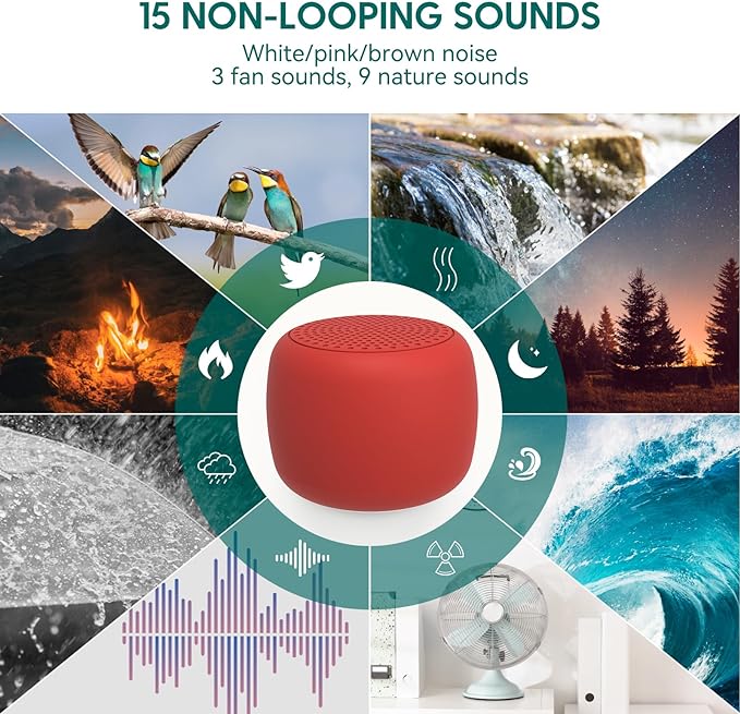 Babelio White Noise Sound Machine for Adults Kids Baby, Mini, 15 Non-looping Sounds, Timer, Memory Function, Easy to Pocket and Travel Red
