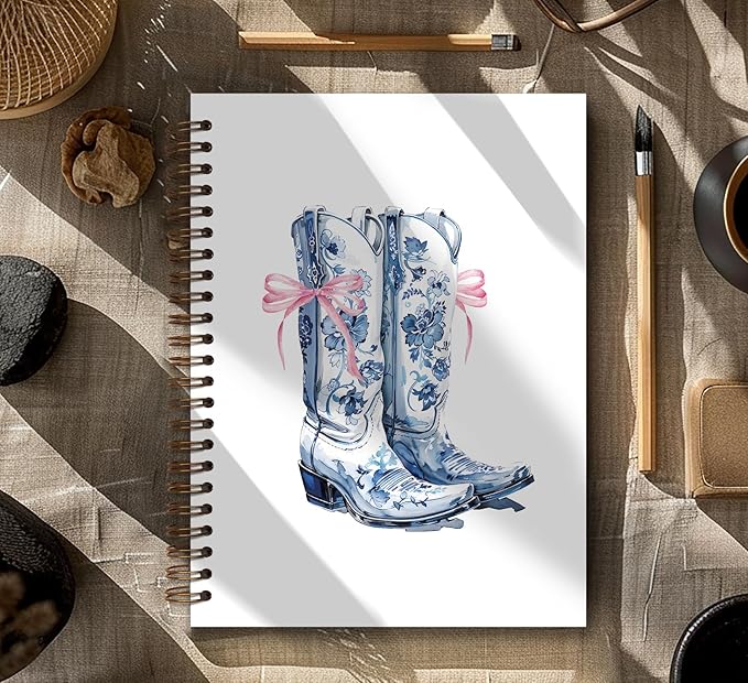 Chinoiserie Blue Notebook Journal,Blue Floral Cowgirl Boots Preppy Aesthetic Journal Notebook for Note Taking, Cowgirl Stuff, Cowgirl Gifts,Blue Office Supplies, piral Notebook 5.5x8.3 Inch