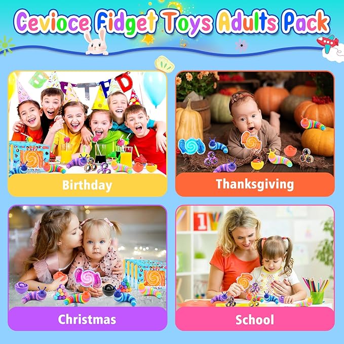 Cevioce 20Pcs Fidget Toys Adults Pack,Stocking Stuffers for Teens Boys Girls,Autism Sensory Toys with Fidget Spinner Slug Magnetic Rings,Squishy Fidget Toys ADHD Stress Relief,Party Favor for Kid-BPYO