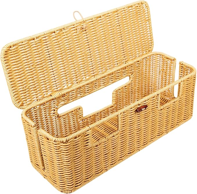 16 In Large Rattan Cable Management Box, Handwoven Cord Management Box with 5 Slots, Floor Cord Hider Boxes for Power Strip and Wire, Cable Organizer box with Lid for Desk, Floor, Office, Living Room