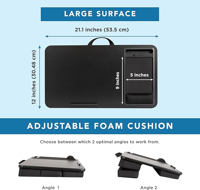 LAPGEAR Large Adjustable Lap Desk with Memory Foam Wrist Rest, Mouse Pad, Phone Holder, Device Ledge, and Booster Cushion - Black Carbon - Fits up to 15.6 Inch Laptops - Style No. 88008