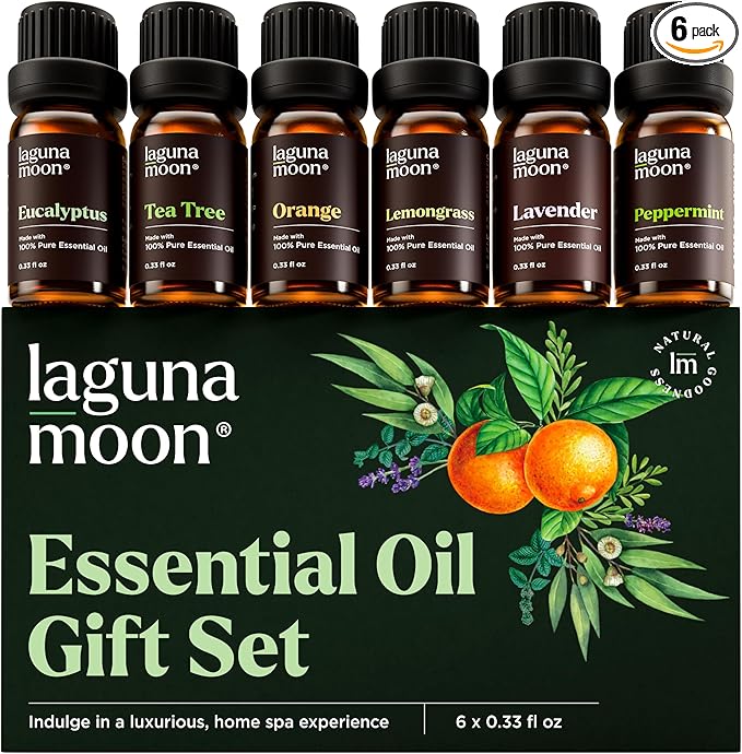 Lagunamoon Essential Oils Set - Top 6 Blends for Diffusers, Home Care, Candle Making Scents, Fragrance, Aromatherapy, Humidifiers, Gifts - Peppermint, Tea Tree, Lavender, Eucalyptus, Orange (10mL)