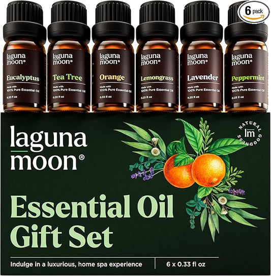 Lagunamoon Essential Oils Set - Top 6 Blends for Diffusers, Home Care, Candle Making Scents, Fragrance, Aromatherapy, Humidifiers, Gifts - Peppermint, Tea Tree, Lavender, Eucalyptus, Orange (10mL)