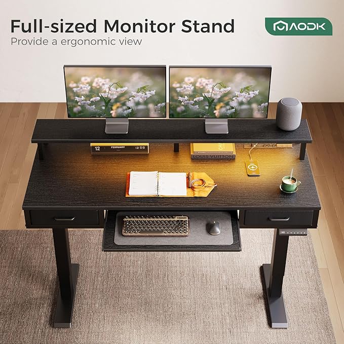 AODK Electric Standing Desk with Drawers & Keyboard Tray, 55 Inch Height Adjustable Desk with Power Outlets & LED Lights, Sit Stand Table with Monitor Stand for Home, Office, Black