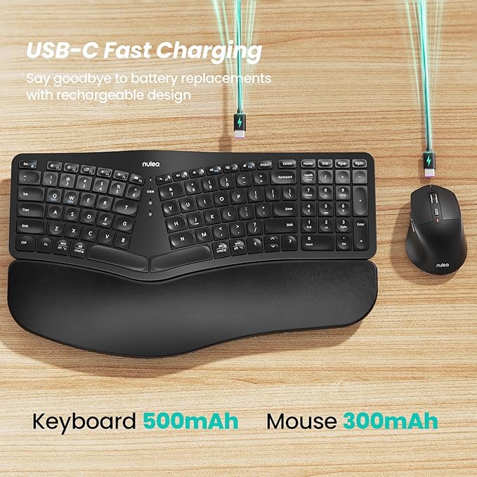 Nulea KM75 Advanced Ergonomic Wireless Keyboard and Mouse Combo, Comfortable Natural Typing, Palm Rest, Multi-Device (Bluetooth, 2.4G, Wired), Rechargeable, for Multi-OS, Windows, Mac, Android(Black)