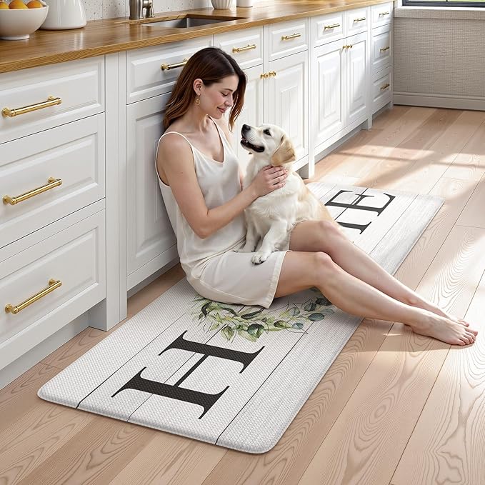 KIMODE Kitchen Mats Cushioned Anti Fatigue 24" x 59", Farmhouse Kitchen Rugs Runner Stain Resistant, Wide Ergonomic Standing Long Non Slip Waterproof Kitchen Floor Mat for Sink Laundry, White