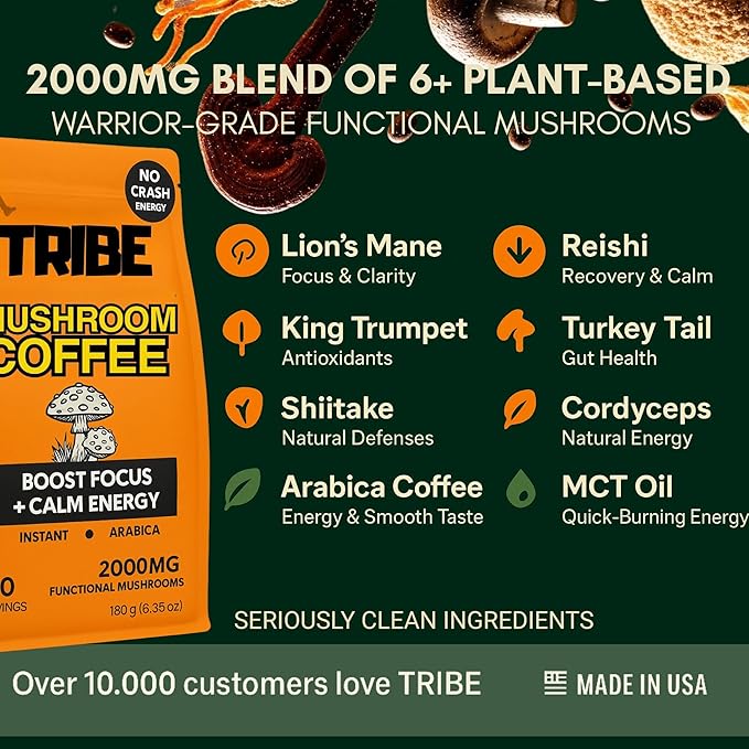 TRIBE 6 Mushroom Coffee + MCT Oil, Creamy Instant Barista Blend - Clean Daily Energy, Focus, Immune & Gut Support – 2000mg Adaptogenic Powder – USA-Grown - Lion’s Mane, Reishi, Turkey Tail – 30 Serv
