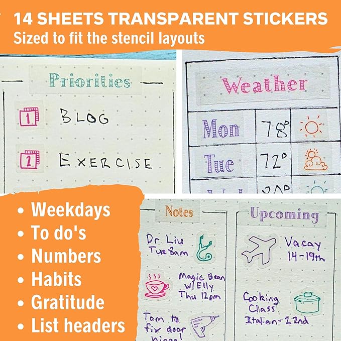 Weekly Planner Layout Journaling Supplies Kit (32 pcs) - 18 Weekly Layout A5 Planner Stencils and 14 Sheets Colorful Planner Stickers, Planner Accessories Compatible with A5 Bullet Journals