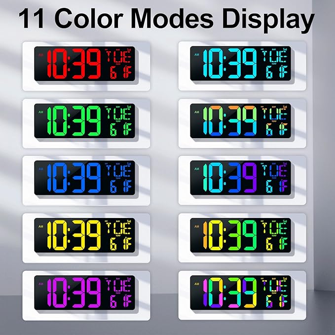 CYMHCHL Large Digital Wall Clock 17.2" Bluetooth Auto Time Sync Led Digital Clock Large Display 11 RGB Colors Auto-Dimming/DST Big Timer with Remote Control for Living Room Classroom Decor Garage Gym
