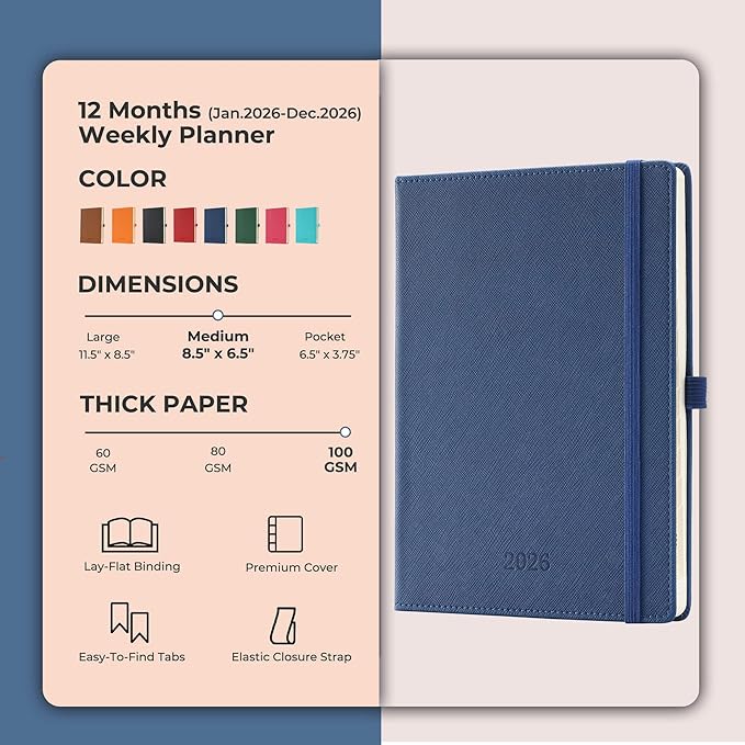 IN-LUXPRO Weekly Monthly 2026 Planner (Jan.26-Dec.26),8.5"x6.5",12 Months Agenda Plan with Month Tabs & Pocket,Expenses/Note Pages, Appointment Book Calendar with Hardcover Vegan Leather Cover,Blue