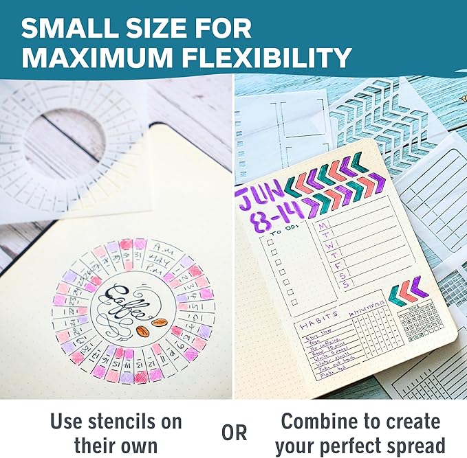 Portable Planner Stencils - x16 Small Square Journal Stencils with Templates for Habit Trackers, Calendars, Checklists, Meal Plans - Journaling Supplies Kit & Planner Accessories for Bullet Journals