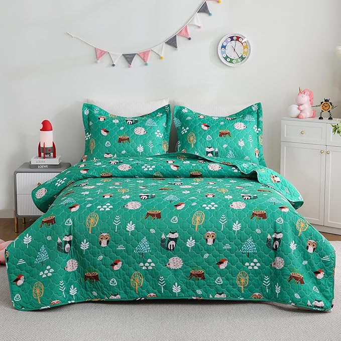 Green Forest Animals Quilt Set for Boys Full Size Kids Bedding Sets Lightweight Summer Bedspread Soft Microfiber Breathable Bed Comforter All-Season