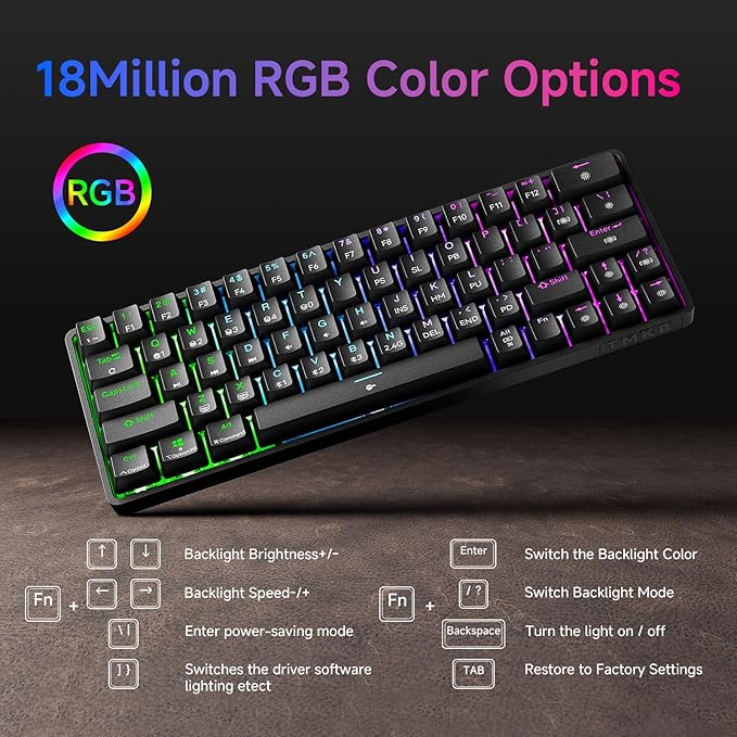 TMKB T63 Gaming Keyboard, 60% Wireless Mechanical Keyboard with Bluetooth/2.4G/Type-C, Compact 63 Keys Anti-Ghosting, RGB Backlight, Linear Red Switch - Black