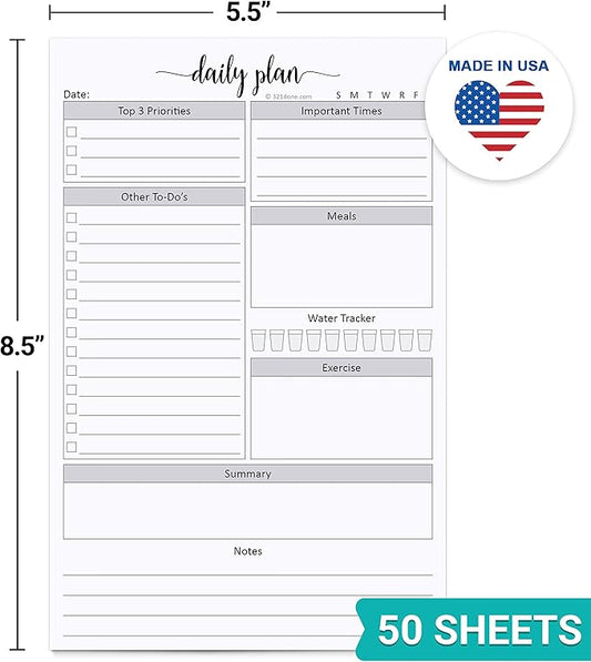 321Done Daily Planning Notepad - 50 Sheets (5.5" x 8.5") - Day to Do List Planner Today Checklist Tear-Off Note Pad - Made in USA - Simple Script