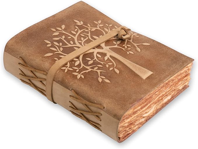 LEATHER VILLAGE Tree of Life Journal - 10 X 7 inches - Brown - 200 Antique Deckle Edge Handmade Paper – Book of Shadows - Vintage Leather Bound Journal for Women & Men