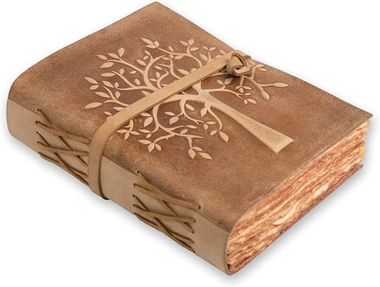 LEATHER VILLAGE Tree of Life Journal - 13 X 8 inches - Brown - 200 Antique Deckle Edge Handmade Paper – Book of Shadows - Vintage Leather Bound Journal for Women & Men