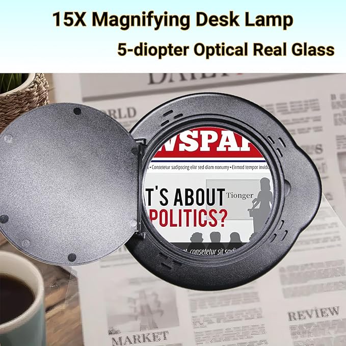 15X Magnifying Glass Desk Lamp with Clamp, Real Glass Lens with Dust Cover, 84 LEDs, 5 Color Modes, 10 Brightness Dimmable, Long Flexible Swing Arm Magnifier for Reading, Crafting, Repair, Close Works