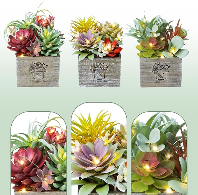 Mingfuxin Succulents Plants Artificial with Light, Small Fake Plants in Pots for Home Decor, Potted Decorative Succulents Plants for Table Desk Bathroom Office Room Decor