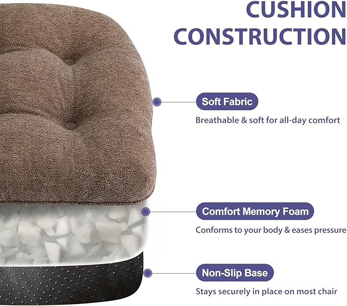 Chair Cushions Set of 6 for Dining Chairs, 16.5"x15.5" Kitchen Chair Pads with Memory Foam, Non-Slip Bottom & Ties, Tufted Indoor Seat Cushions for Home Use – Brown