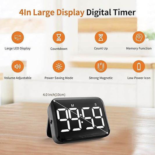 VOCOO Magnetic Kitchen Timer for Cooking with Count Up Countdown, Digital Timer Battery Powered with Large Display, 2 Brightness and Volume Levels for Classroom, Teacher, Kids (Dark Black)