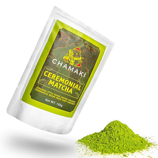 Chamaki Ceremonial Matcha Powder-First Harvest Japanese Style -Shade Grown Organic Premium Grade 3.53oz/100g Bag Ready for baking and Latte Authentic Japanese Style Matcha green tea Powder (100g)