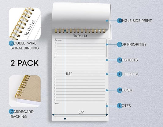 Better Office Products To Do List Mini Notepads, 5.5" x 8.5", Planning Note Pads, 50 Sheets Per Pad, Double Wire Spiral, Daily Agenda Productivity Checklist Organizer (2 Pack)