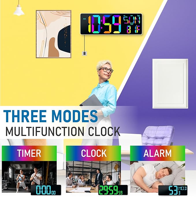 TXL 13.7" Bluetooth Large LED Digital Wall Clock with Night Light, 11 RGB Color Changing, Count Up/Down Timer Clock with Remote Control, Adjustable Brightness Wall Clock for Home, Office, Auto DST.